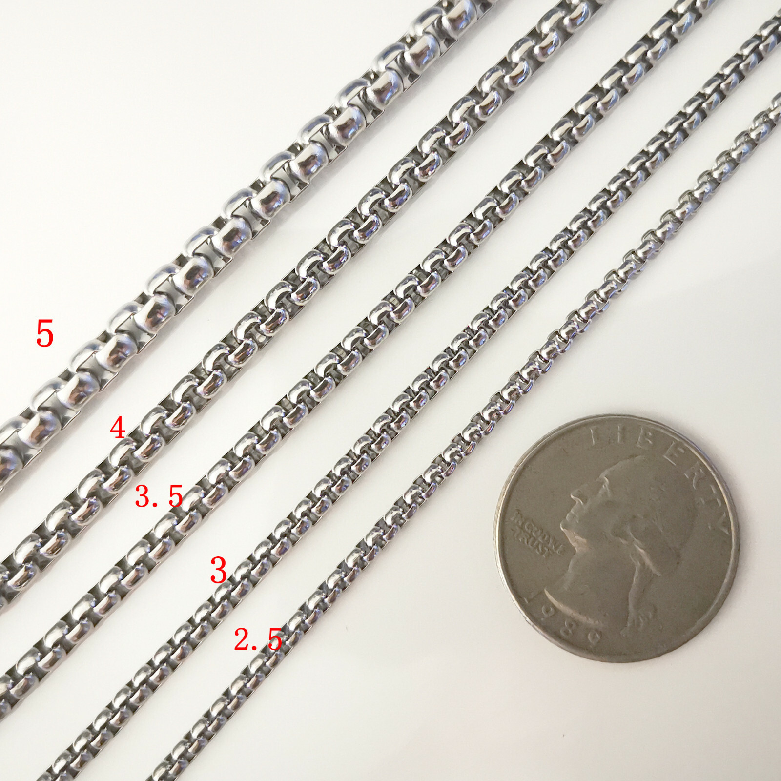 Rounded box chain stainless steel bracelet or necklace Venetian chain 7–34 inch