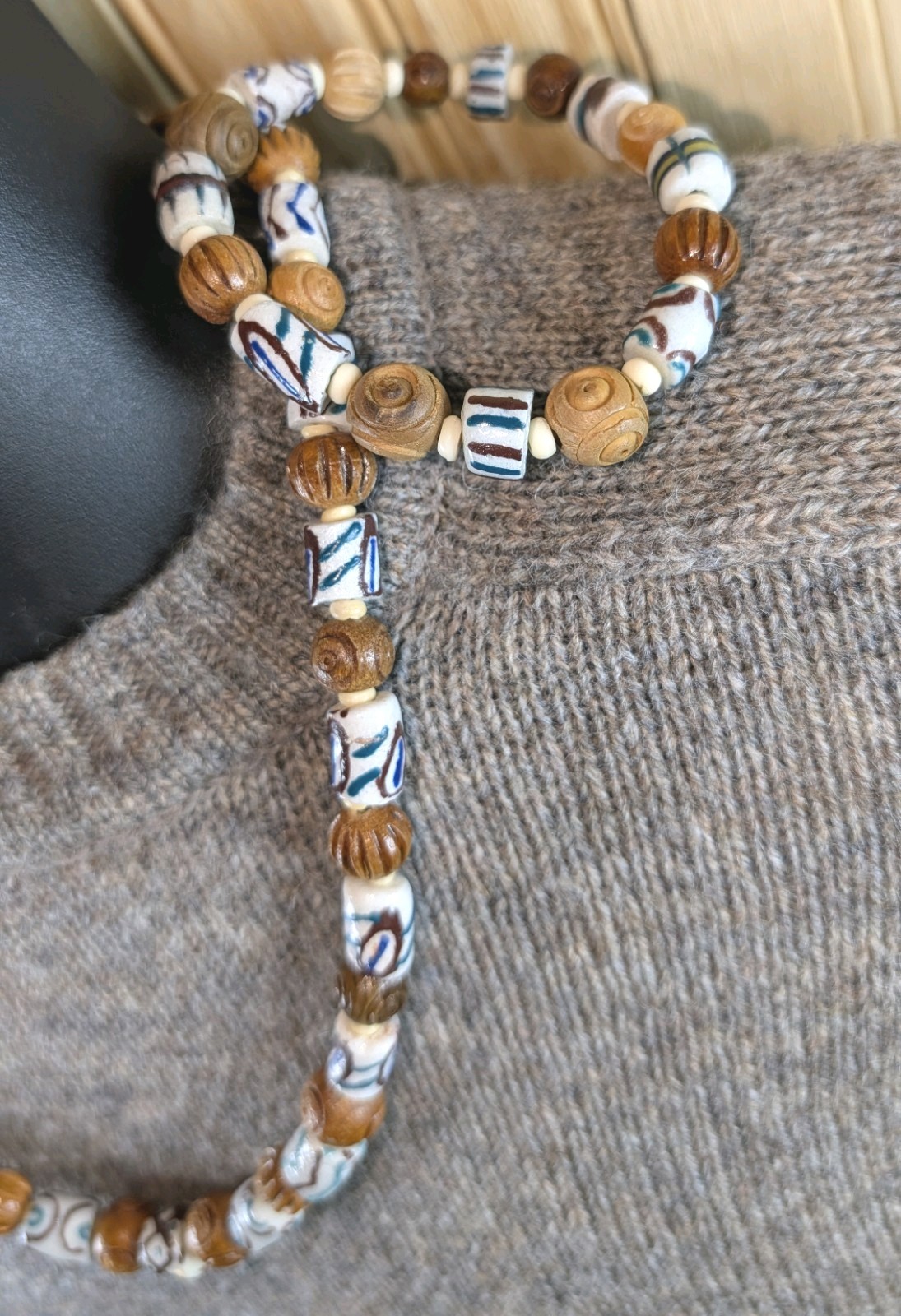 Men’s 24in Tribal Necklace and 8in sizeable Bracelet, White Krobo, for healing