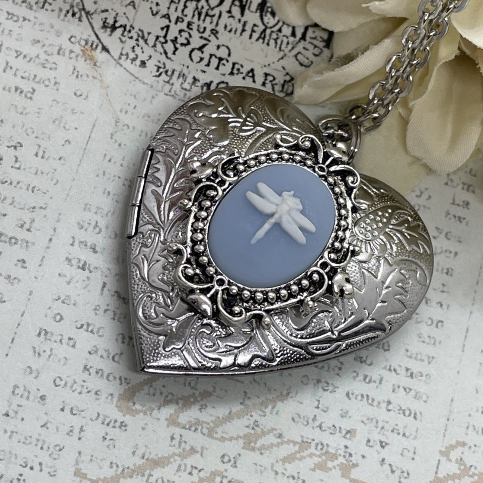 Heart Silver Cameo Blue New Dragonfly Locket Necklace Photo Memorial wedding