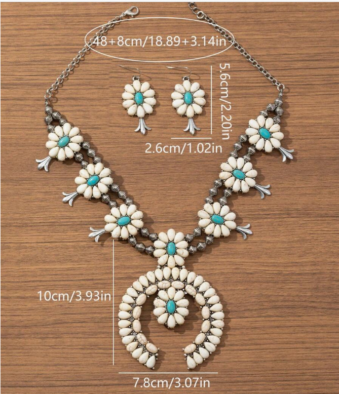 JEWELRY SET-Western 3pcs/Set Turquoise/White Squash Blossom Style Necklace