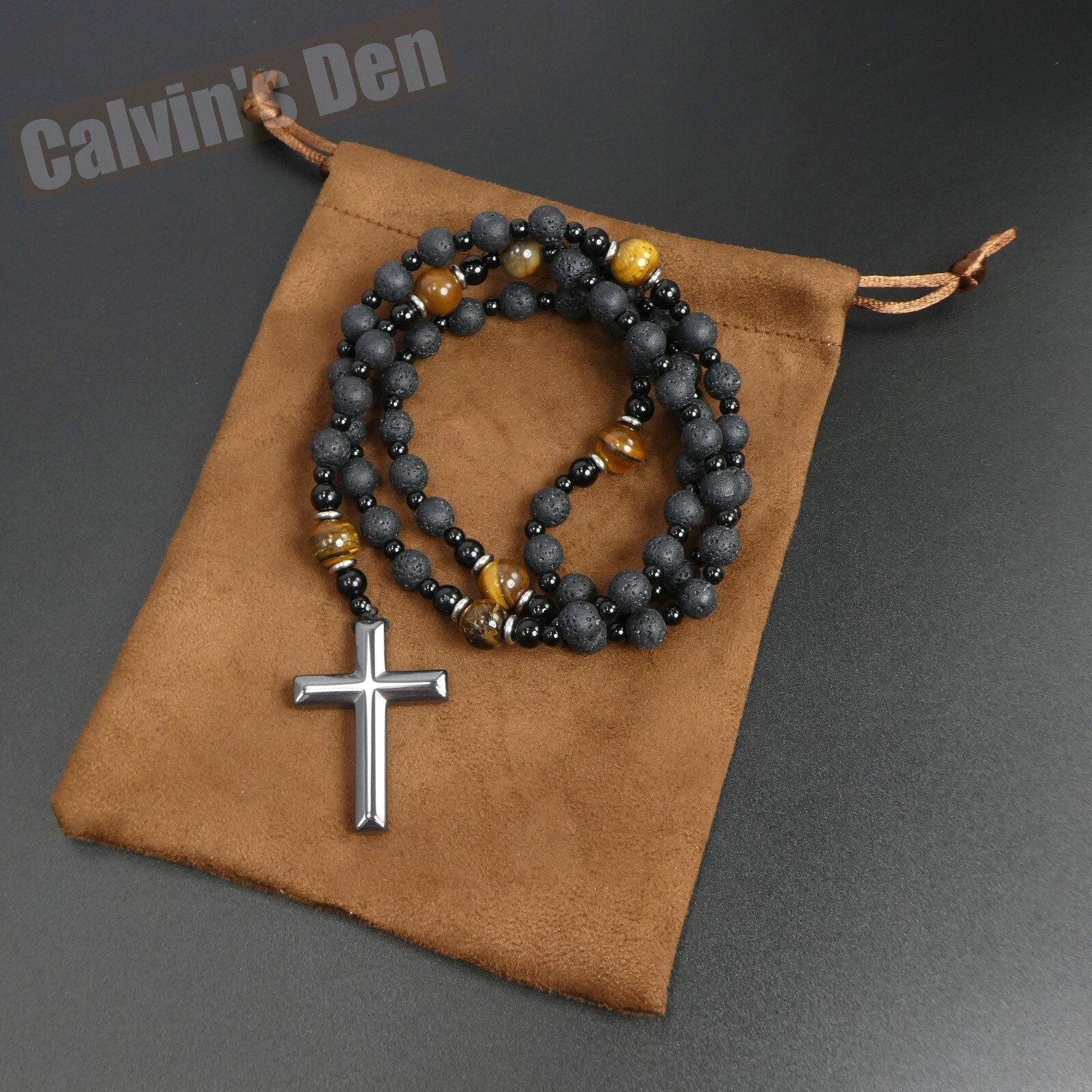 Lava Stone Tiger Eye Black Onyx Black Hematite Cross Rosary Necklace Men Gift