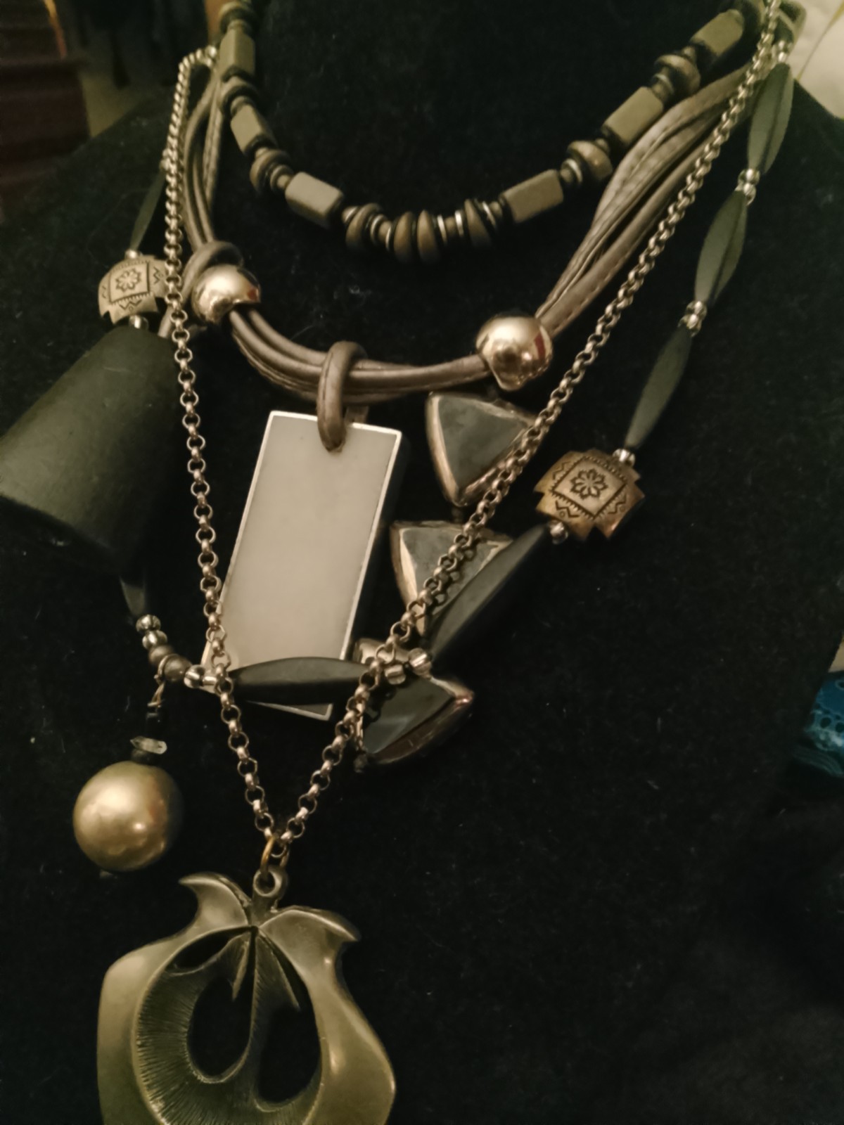 Silver Black Metal Beaded Multi-Strand Layered Statement Charm Necklace
