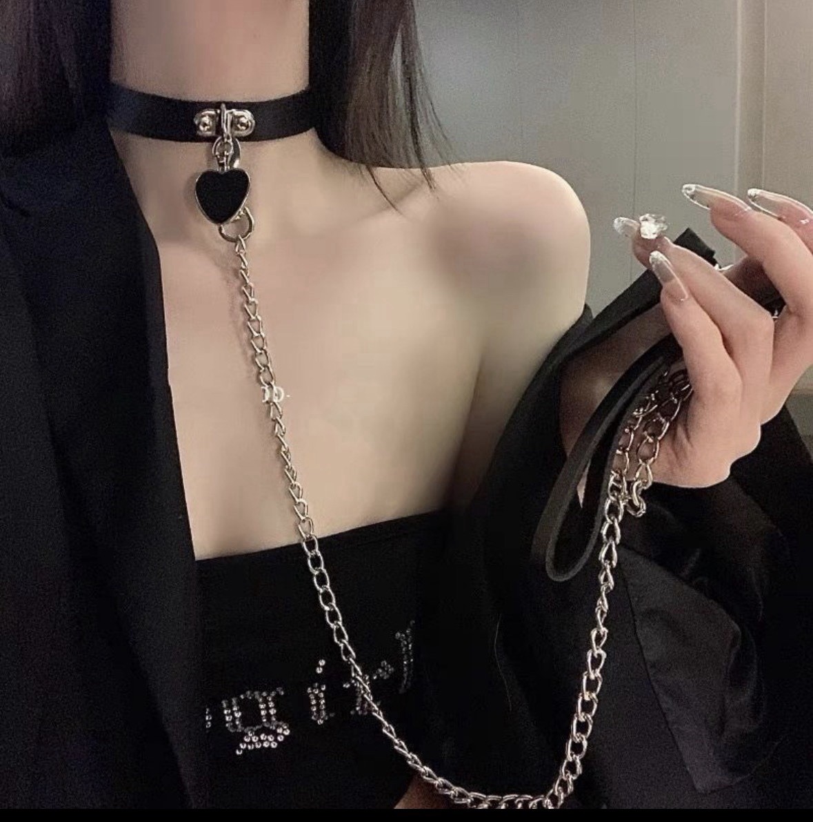 Gothic Faux Leather Choker Set Detachable Chain Leash Bell