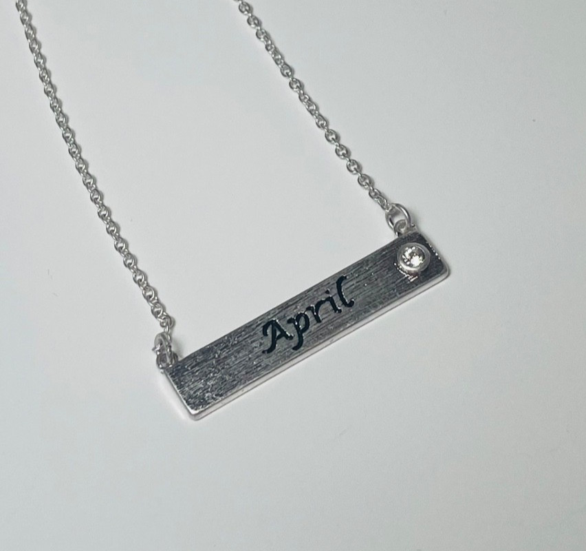 Personalized April Birthstone Necklace Bar Pendant Dainty Silver Plated