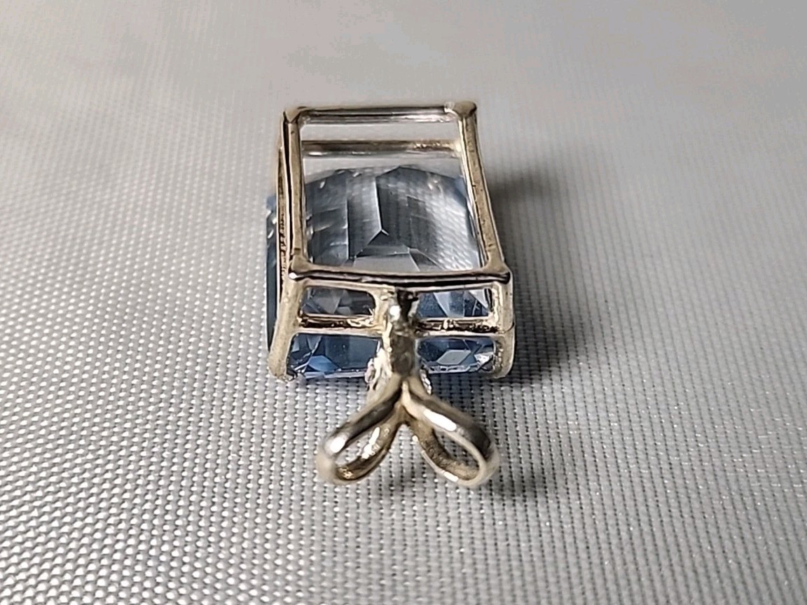 Stering Silver & Emerald Cut Simulated Aquamarine & Diamond CZ Pendant 3.7 grams