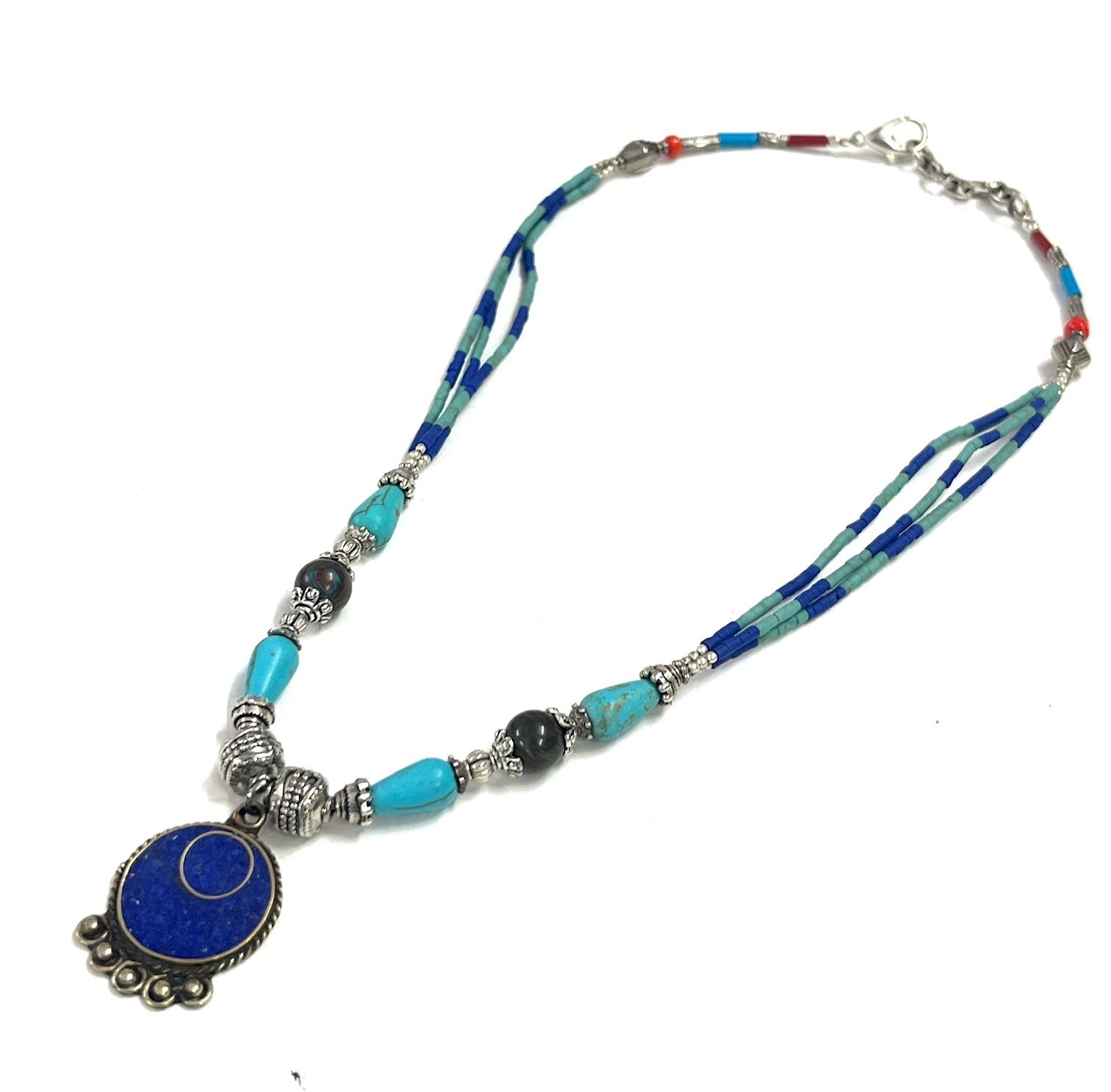 Nepalese Lapis Turquoise Gemstone Tibetan Necklace Jewelry, 17 inch Adjus