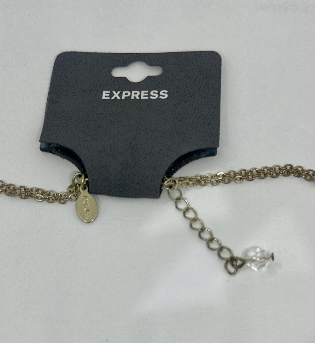 Express Gold Tone Double Layer Station Necklace Clear Faceted Teardrop Crystal