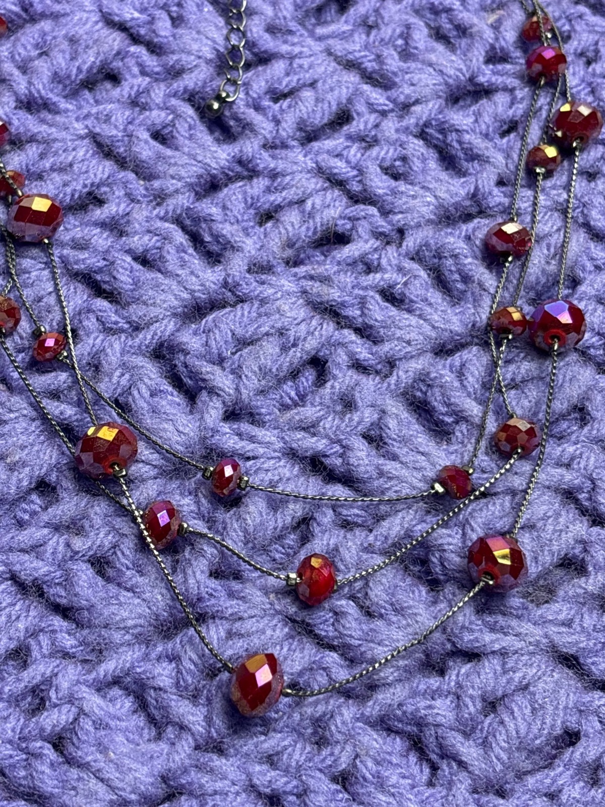 3 Strand Gunmetal Chain Necklace Red Iridescent Faceted Glass Station Beads