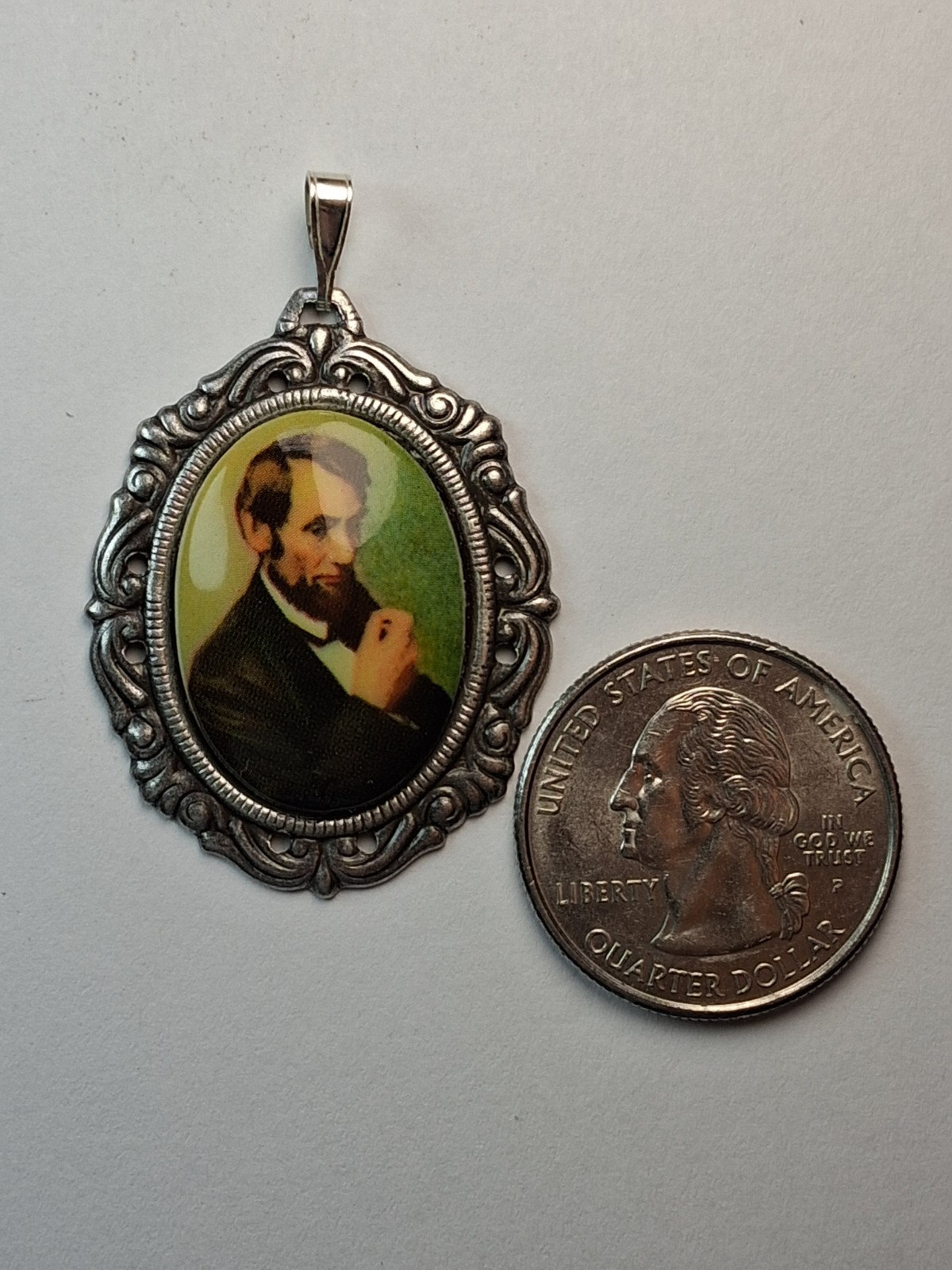 Gothic-Style 1½” X 1¼” Abraham Lincoln Cameo Pendant, Sterling .925 Hoop