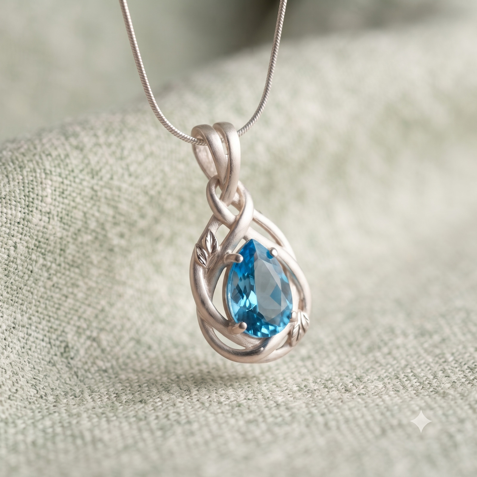 Sterling Silver Natural Blue Topaz Necklace, Pear Cut Gemstone Pendant