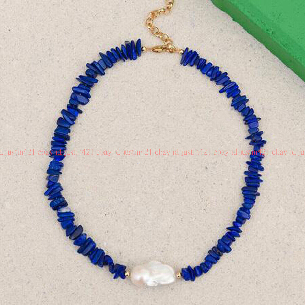 Natural Blue Lapis Lazuli Chip Gravel Gems White Baroque Pearl Pendant Necklace