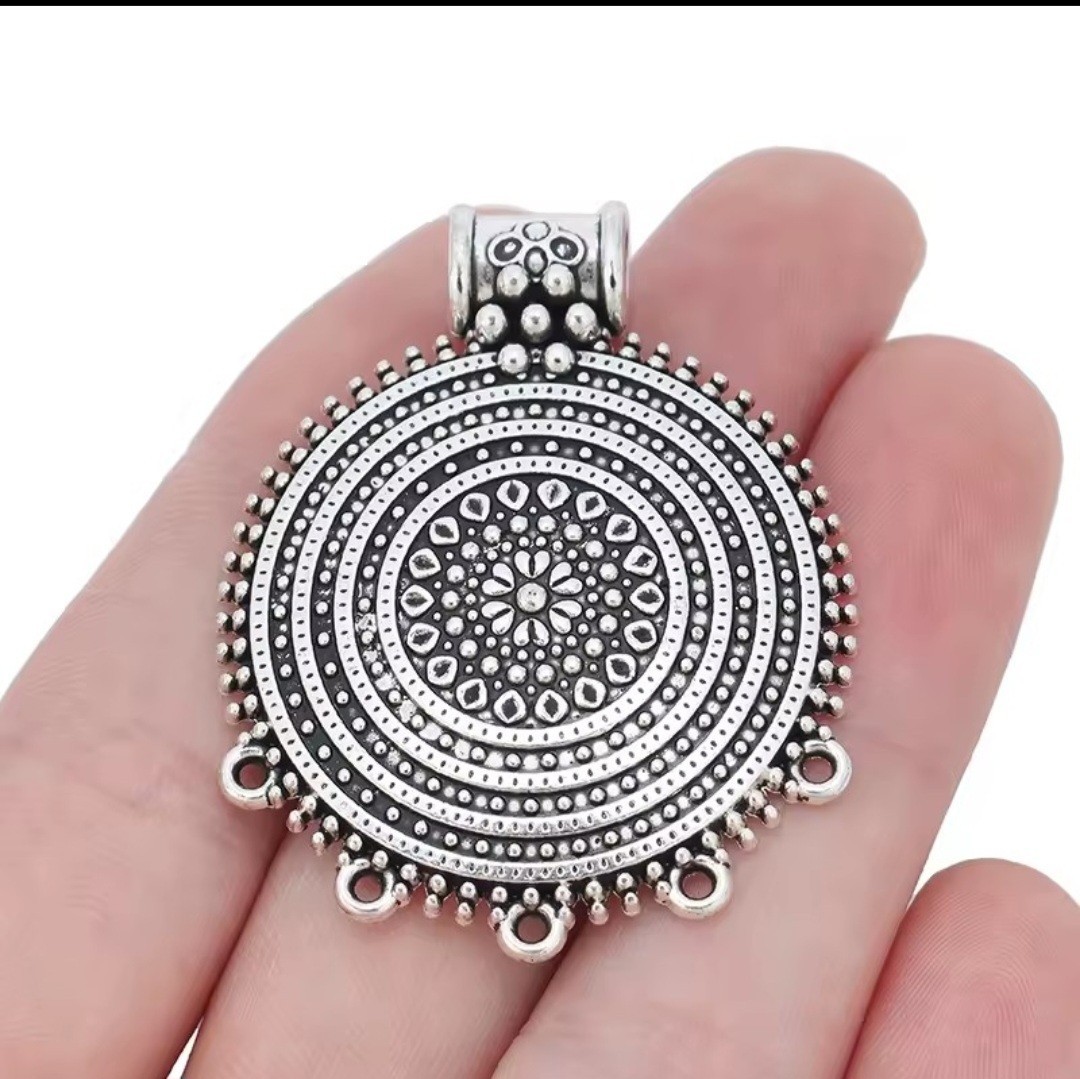 Boho Silver Tone Round Pendant Charms – Set of 8