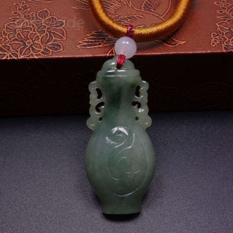 Certified Grade A 100% Natural Green Jadeite Jade Pendant Hand-carved Vase 11079