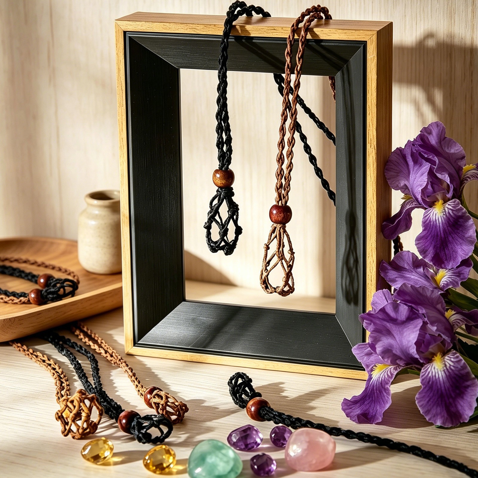 10X Crystal Holder Necklace Bracelet Set Adjustable Stone Cage Cord DIY Jewelry