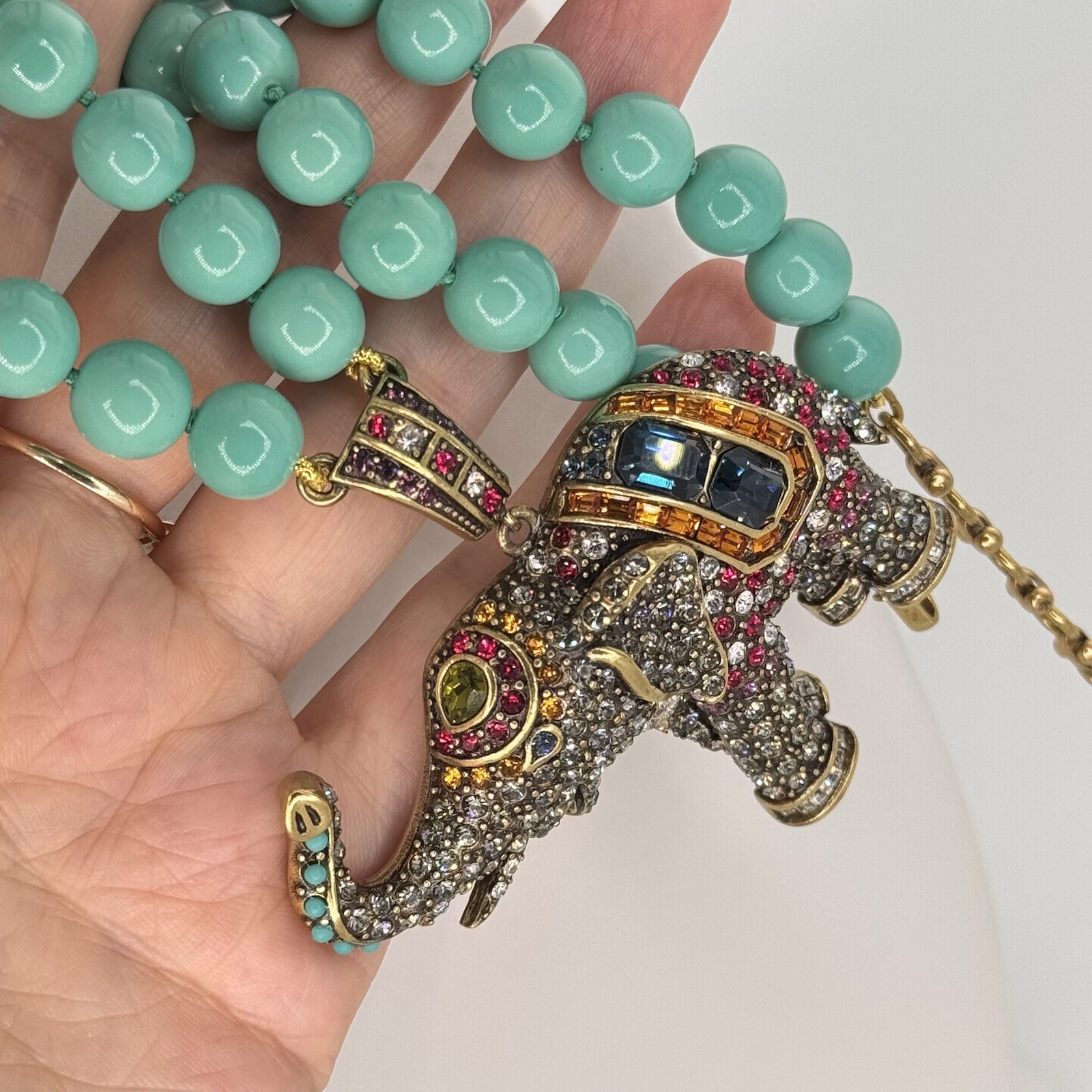 Signed Heidi Daus Turquoise Bead Necklace with Pavé Swarovski Crystal Elephant