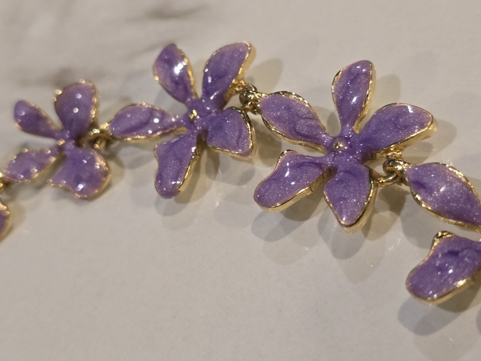 Lavender Enamel Flower Necklace Gold Tone Floral Statement Adjustable Purple