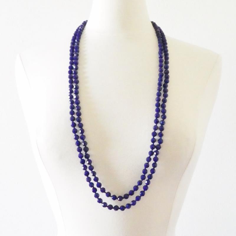72″ Faceted Cobalt Blue Crystals Knotted Beaded Extra Long Strand Necklace