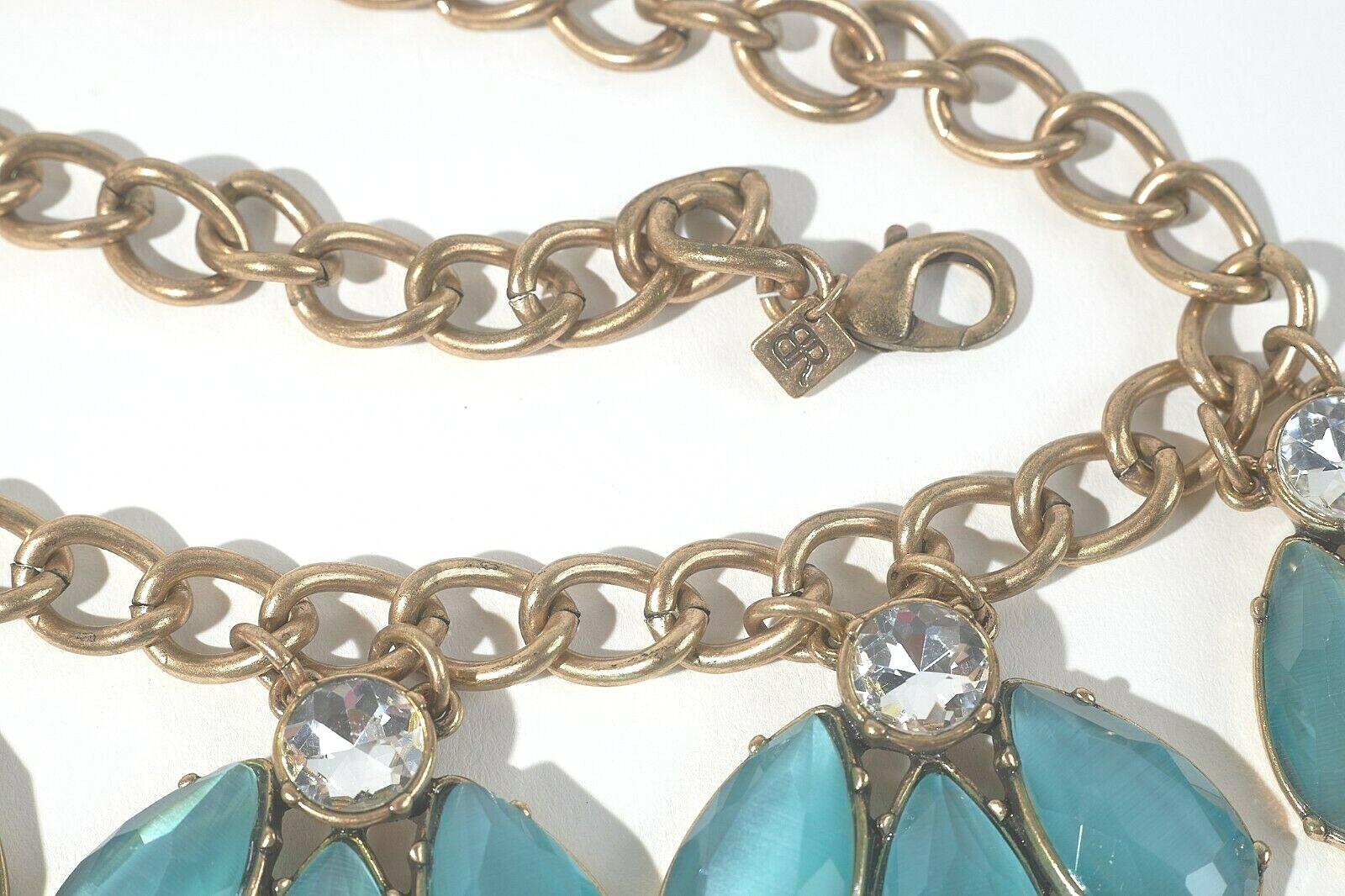Banana Republic Antique Goldtone Necklace Blue Glass Petals +Rhinestones 16″+2″L