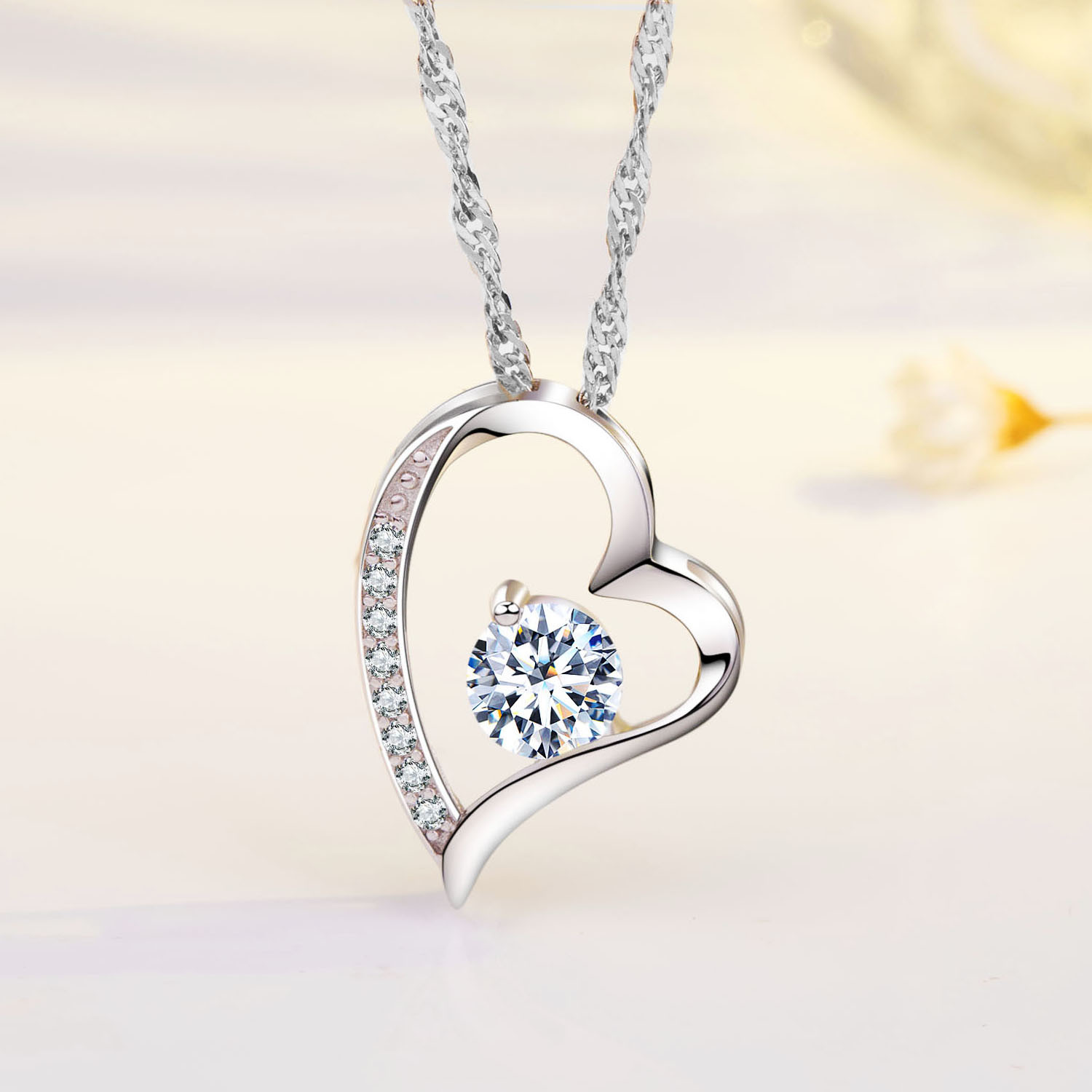 Women Necklace 14k White Gold Plated CZ Forever Lover Heart Pendant Necklace