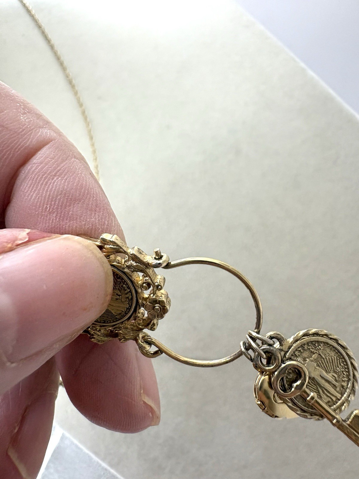Gold Tone Tiny Charm Pendant Necklace Faux Liberty Coin Heart Key&Locket By 1928