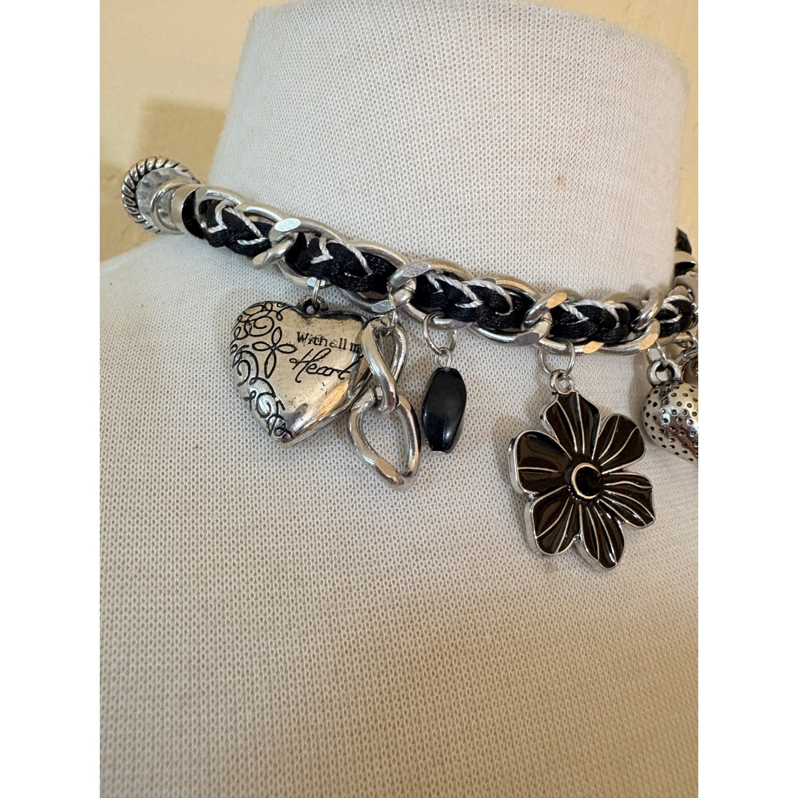 Chunky Silver Black Woven Chain Charm Choker Necklace Heart Flower Y2K Grunge