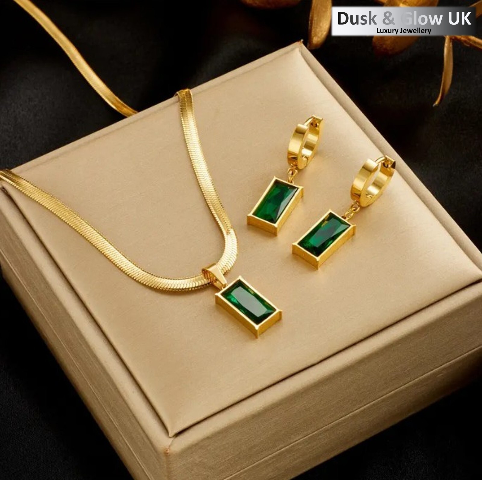 UK Women Vintage Emerald Jewelry Set Necklace Hoop Earrings Ladies Wedding Gift