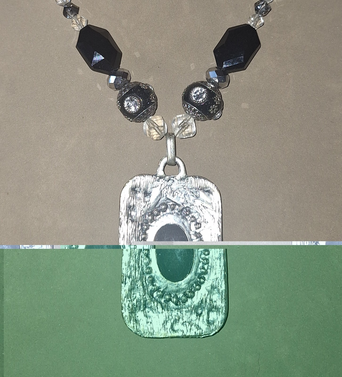 Black & Silver Tone Beaded Necklace w/ Rectangle Charm Pendant