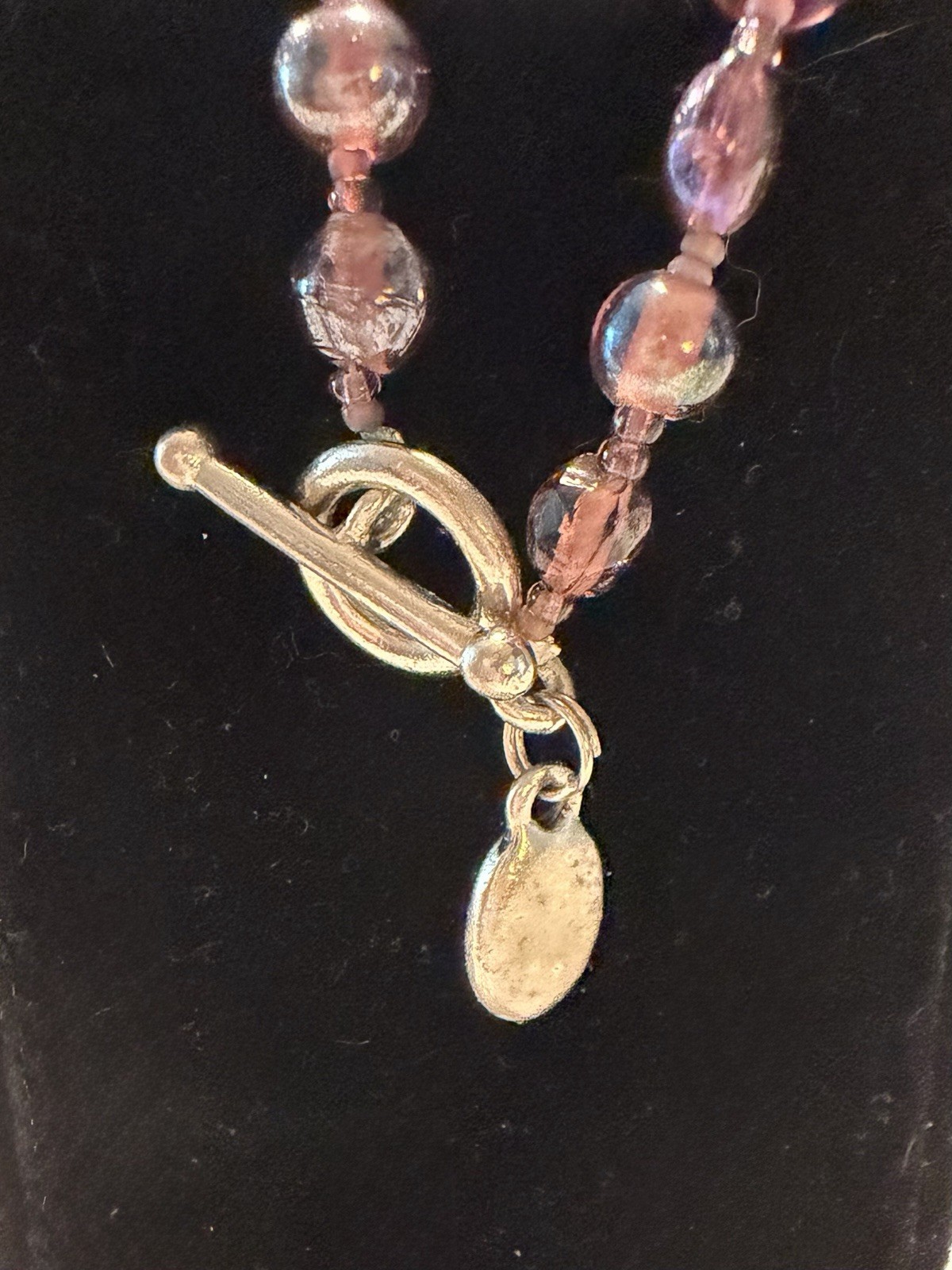 Purple Glass Round Beaded Necklace, Toggle Closure, Dangle Charm