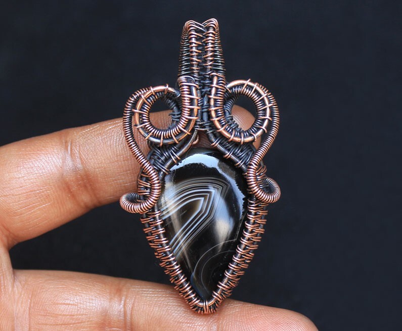 Halloween Gift Pendant Banded Agate Gemstone Jewelry Copper Wire Wrap N203