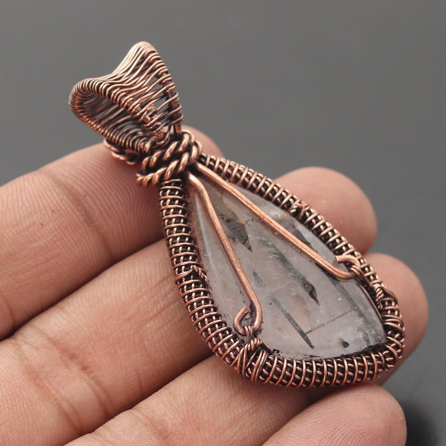 Black Rutile Gemstone Copper Wire Wrapped Handmade Pendant Jewelry Gift For Her