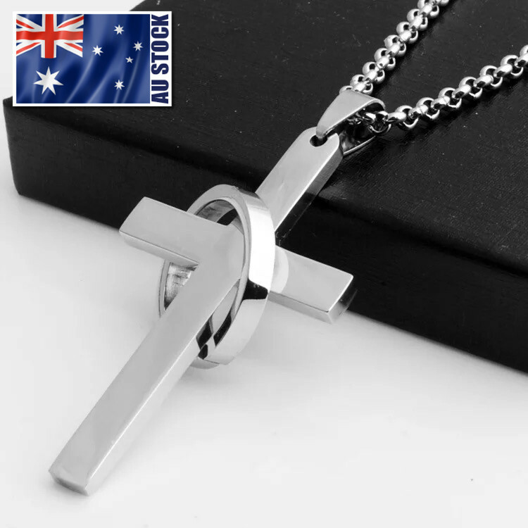 Stainless Steel Silver Jesus Cross Crucifix Hoop Pendant Necklace Mens & Womens