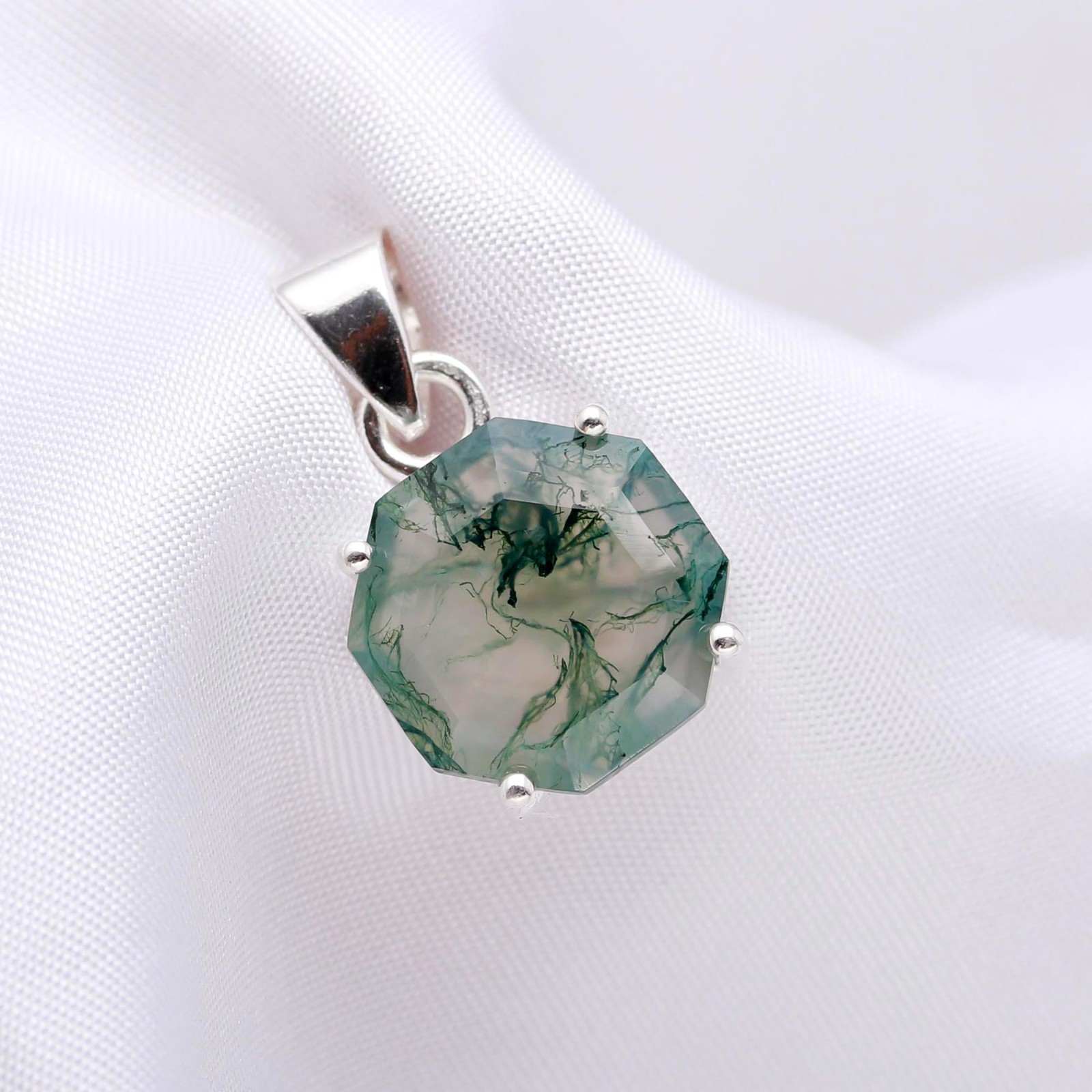 Natural Moss Agate Octagon Pendant 925 Sterling Silver Jewelry Gift For Birthday