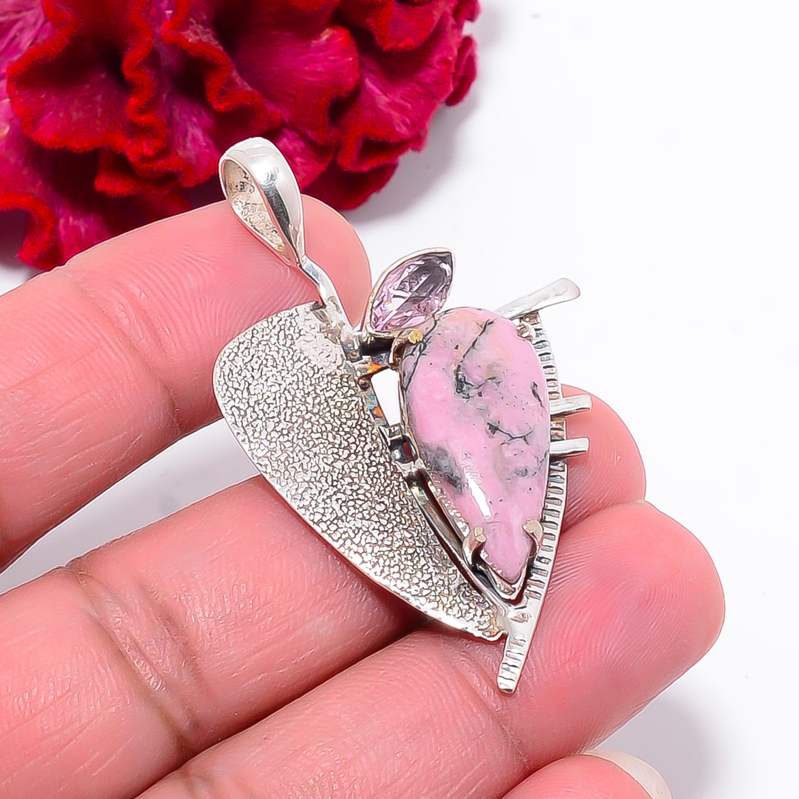 Black Manganese In Rhodonite & Pink Kunzite 925 Silver Pendant 1.99″ P1028810229