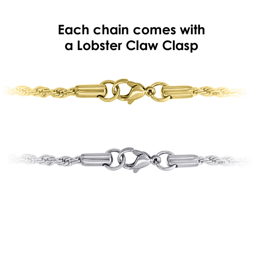 Stainless Steel or Gold Plated Rope Chain Necklace Boys and Mens Lengths