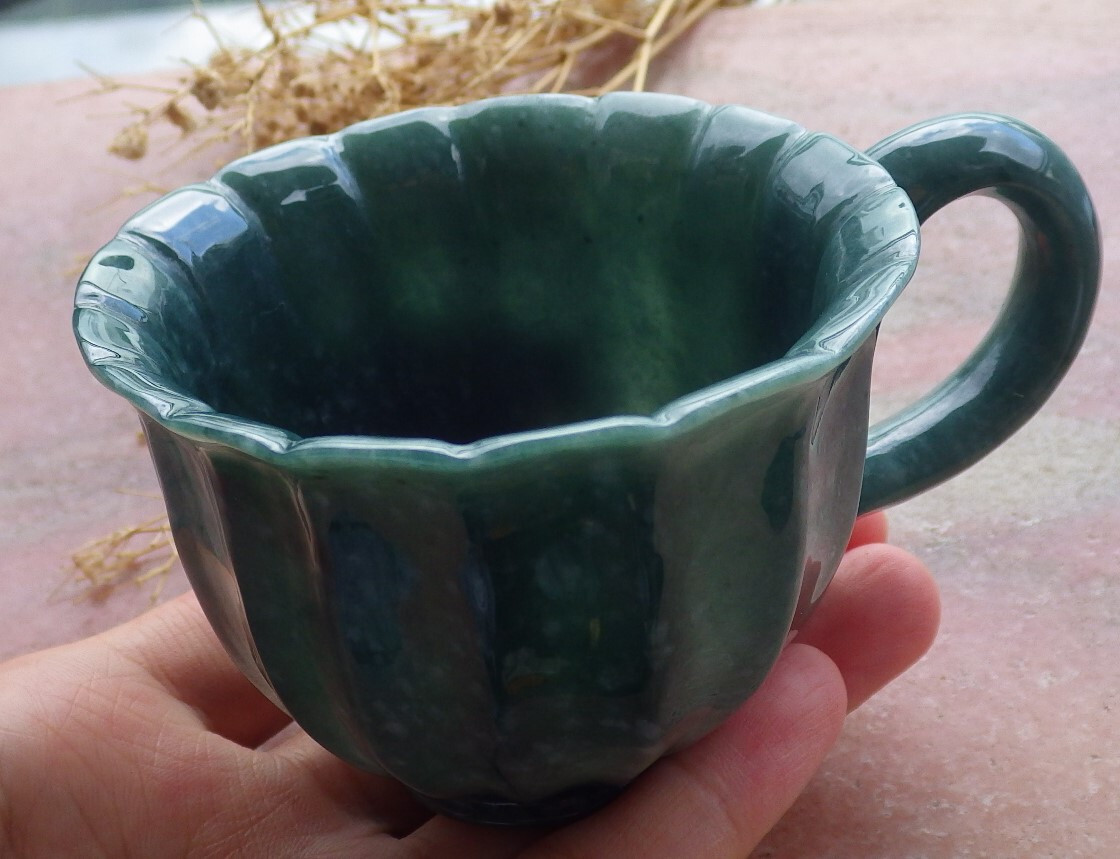 Video Certified Green A Jade jadeite Display Flower Cup Jewelly Box 670335 AS