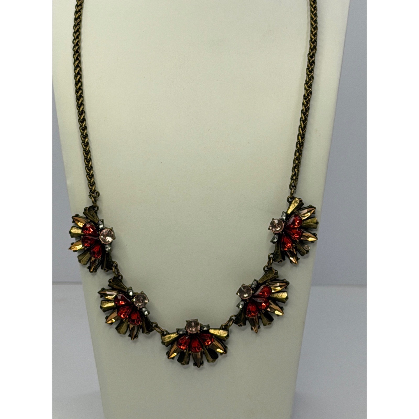Antique Brass Statement Necklace Red Amber Crystal Floral Cluster Bib Chic Goth