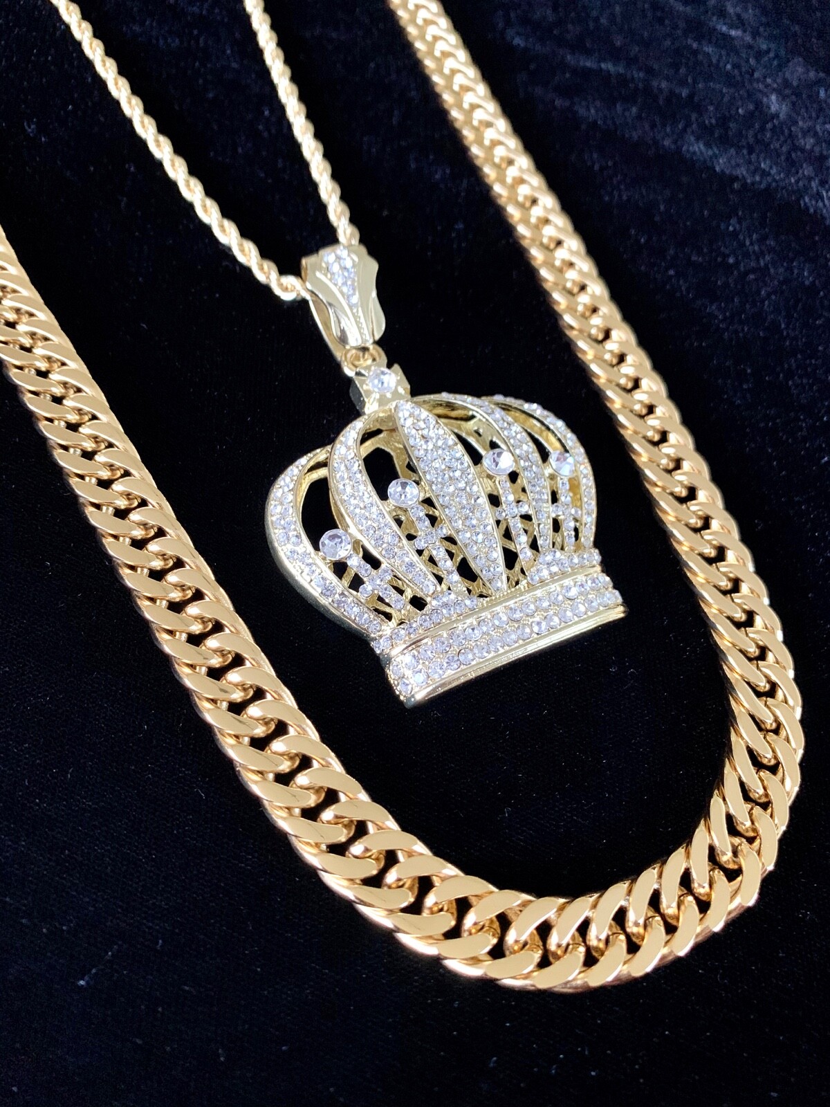 Solid 18K Gold Lab Diamonds BIG CROWN Pendant Chain Necklace *LIFETIME WARRANTY*