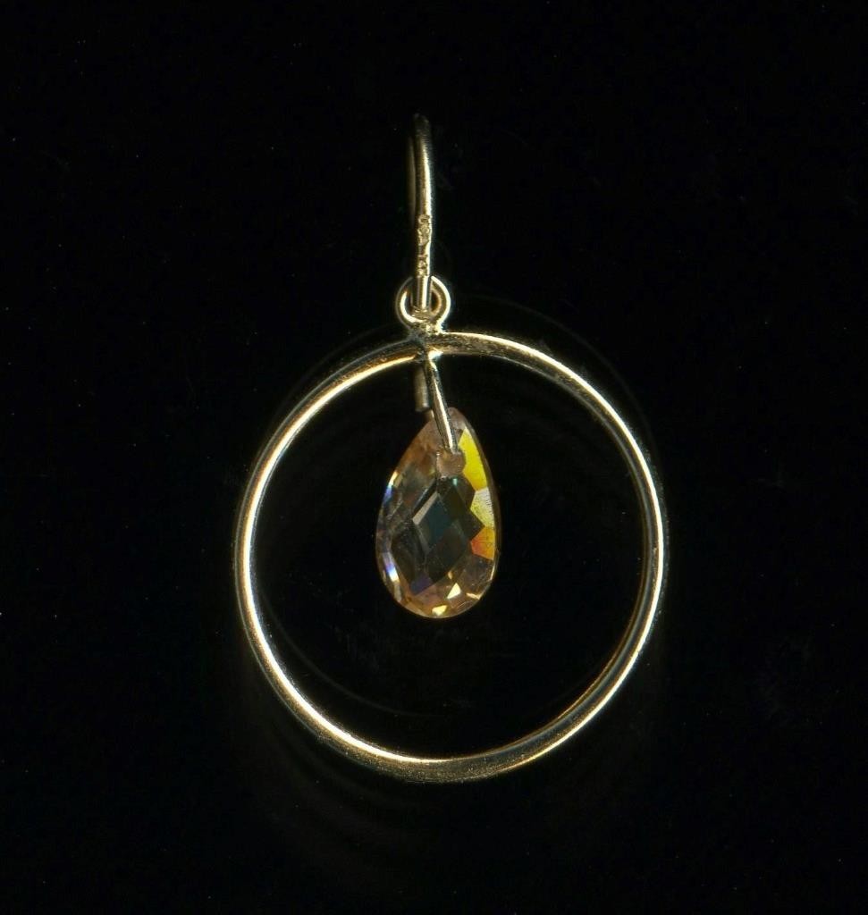 14K 21mm Solid Yellow Gold Pear Orange Crystal CZ Hoop Circle Ring Pendant (UQ