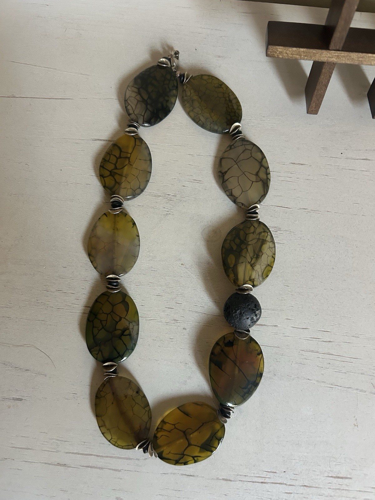 Green Serpentine Lava rock Sterling Silver Beaded Necklace, 18 inches, Clasp