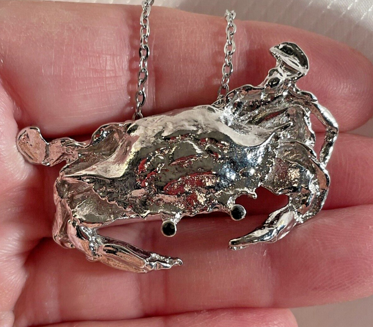 Crab Silver Necklace 30” Stainless Chain Coastal Sea Life HandcraftedJewelry New