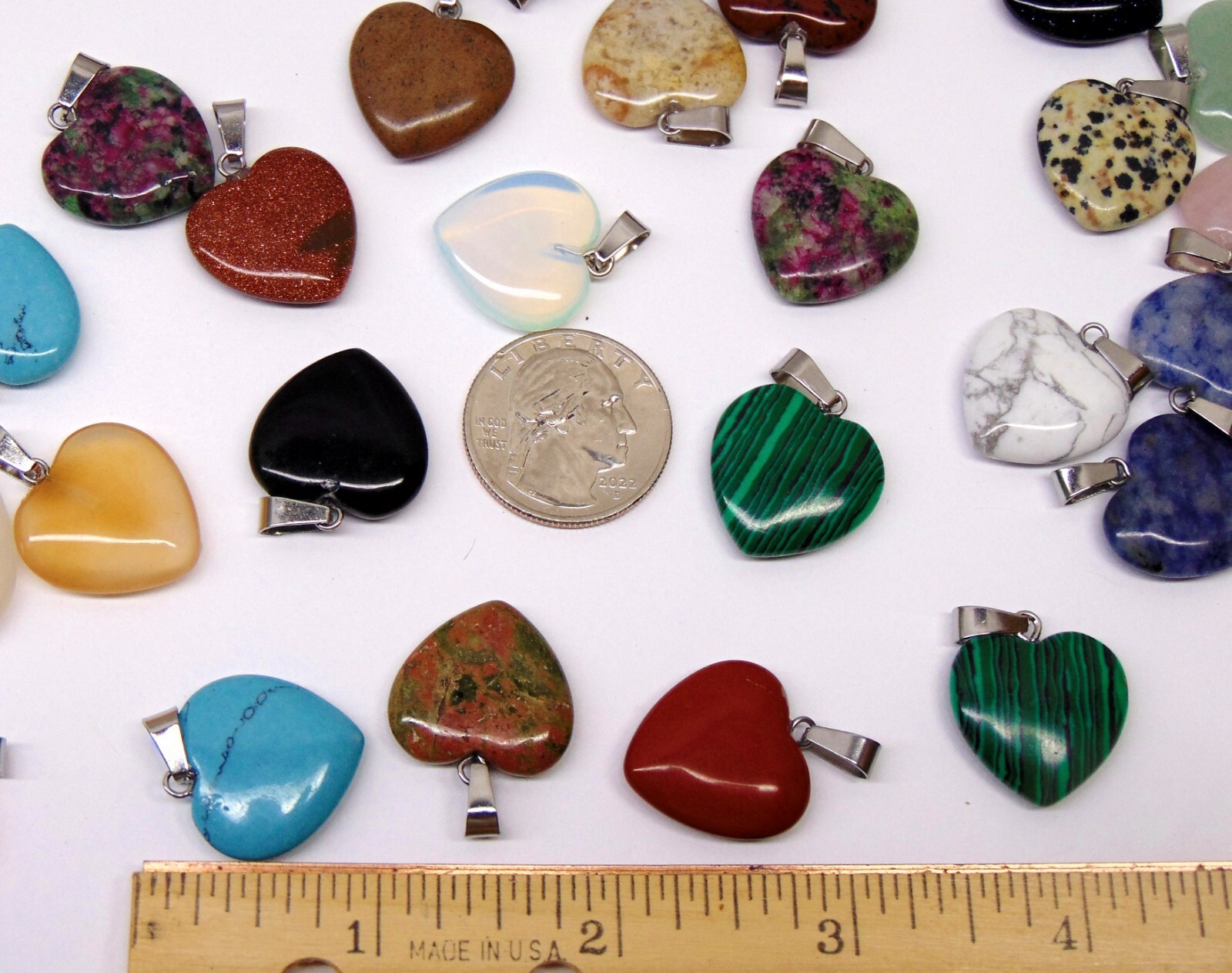 Ten Different 20mm GemStone Heart Pendants Mix with bail to make necklace 3/4″