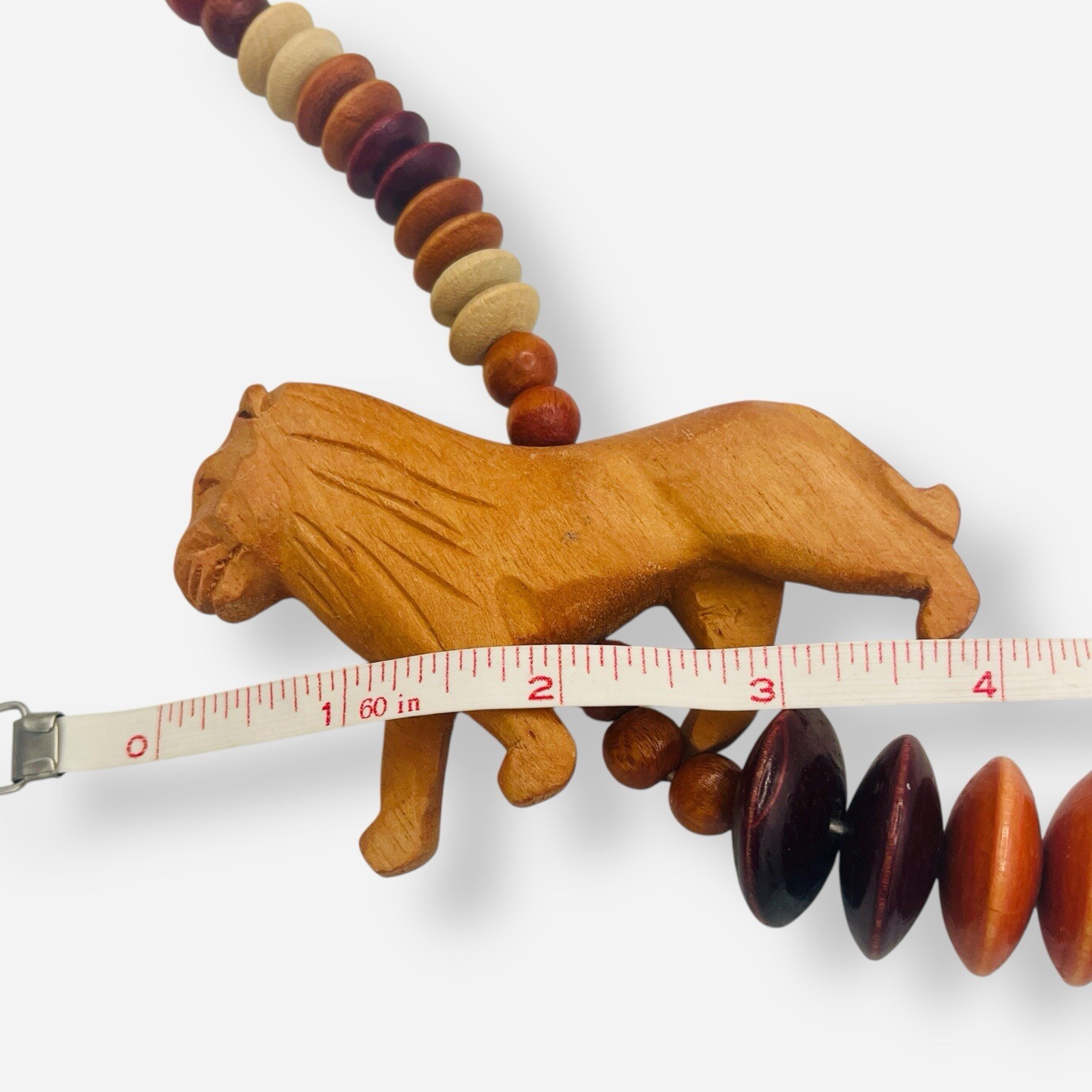 Large Wood Safari Statement Necklace Lion Carved 27” Beaded Graduated