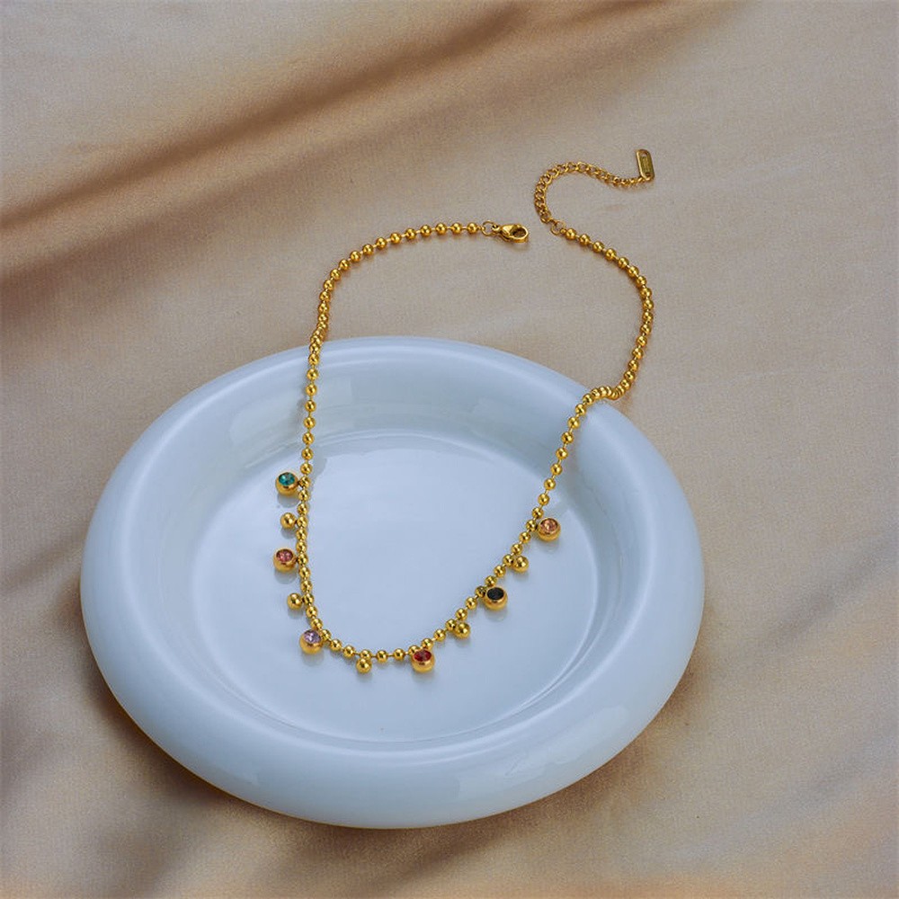 Chain Necklace Stainless Steel Gold Flat Round Pave Cubic Zirconia 15.35 in N102