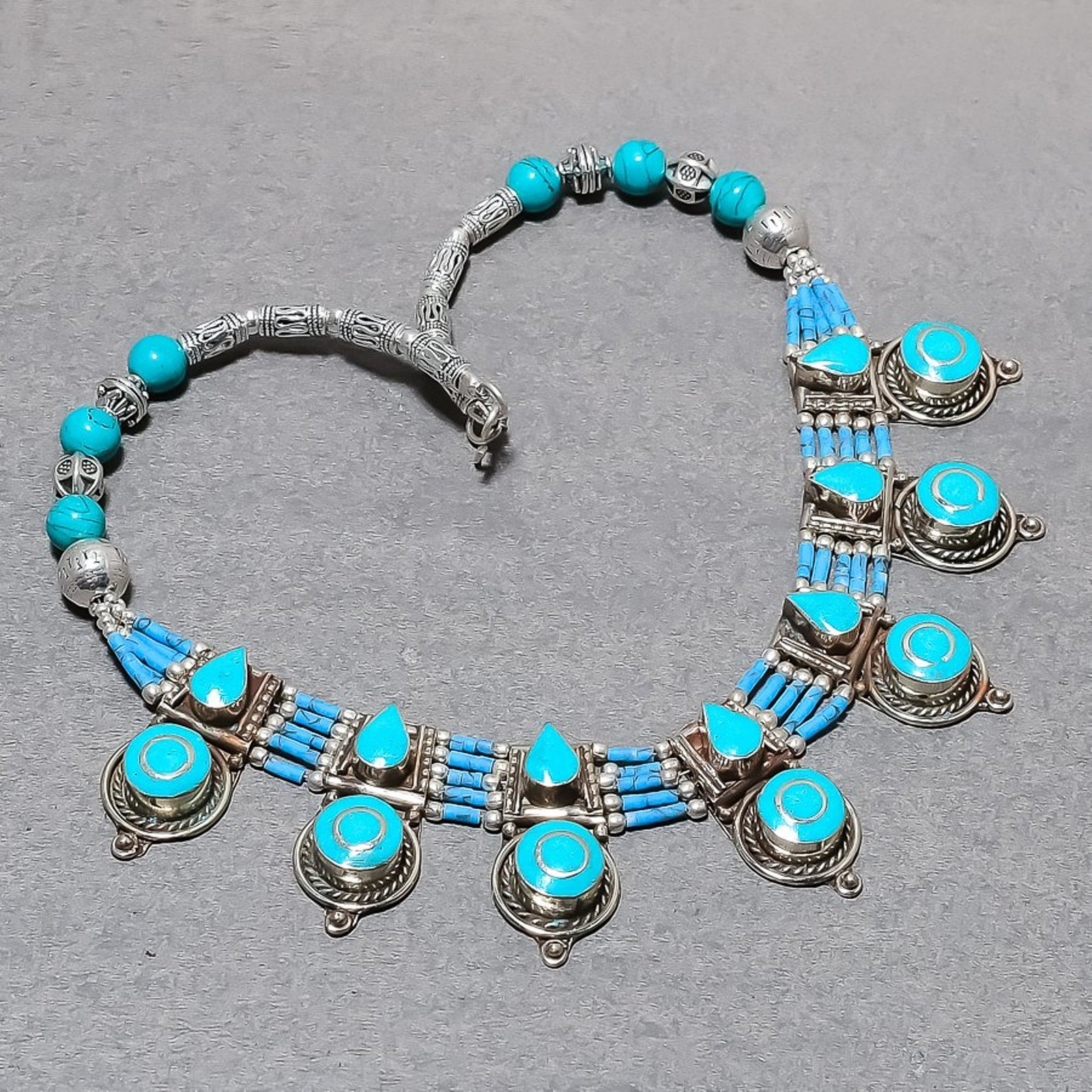 Turquoise Red Coral Gemstone Tibetan Necklace Handmade Nepali Jewelry 18″ N64