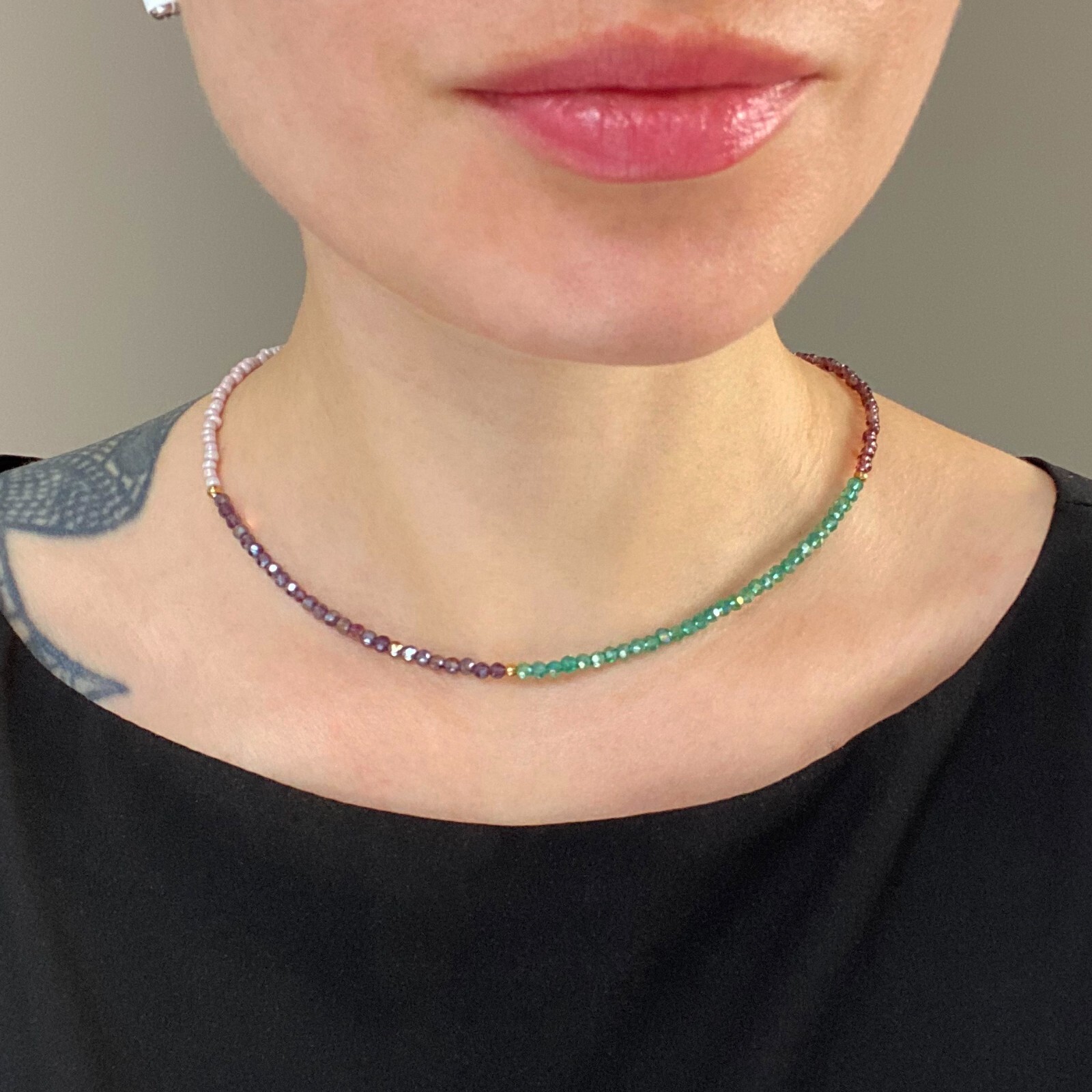 Multi bead necklace handmade, multicolor seed bead choker