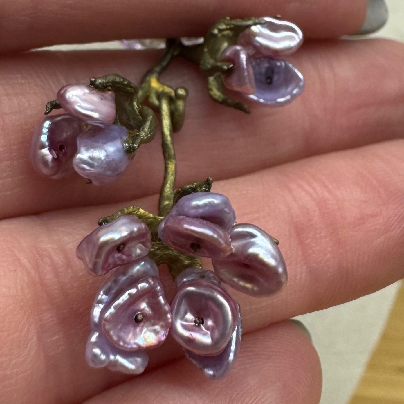 Amethyst Beaded Necklace Lavender Keshi Pearl Flower Branch Pendant Brass Tone
