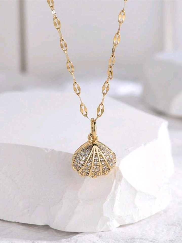 Gold-Plated Alloy Necklace Faux Pearl White/Colorless CZ Seashell