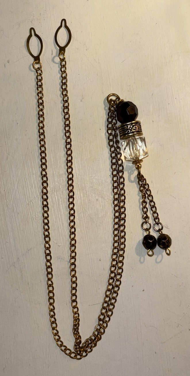 Vintage Gold Tone Necklace Black Beads Clear Crystal Tassel Pendant