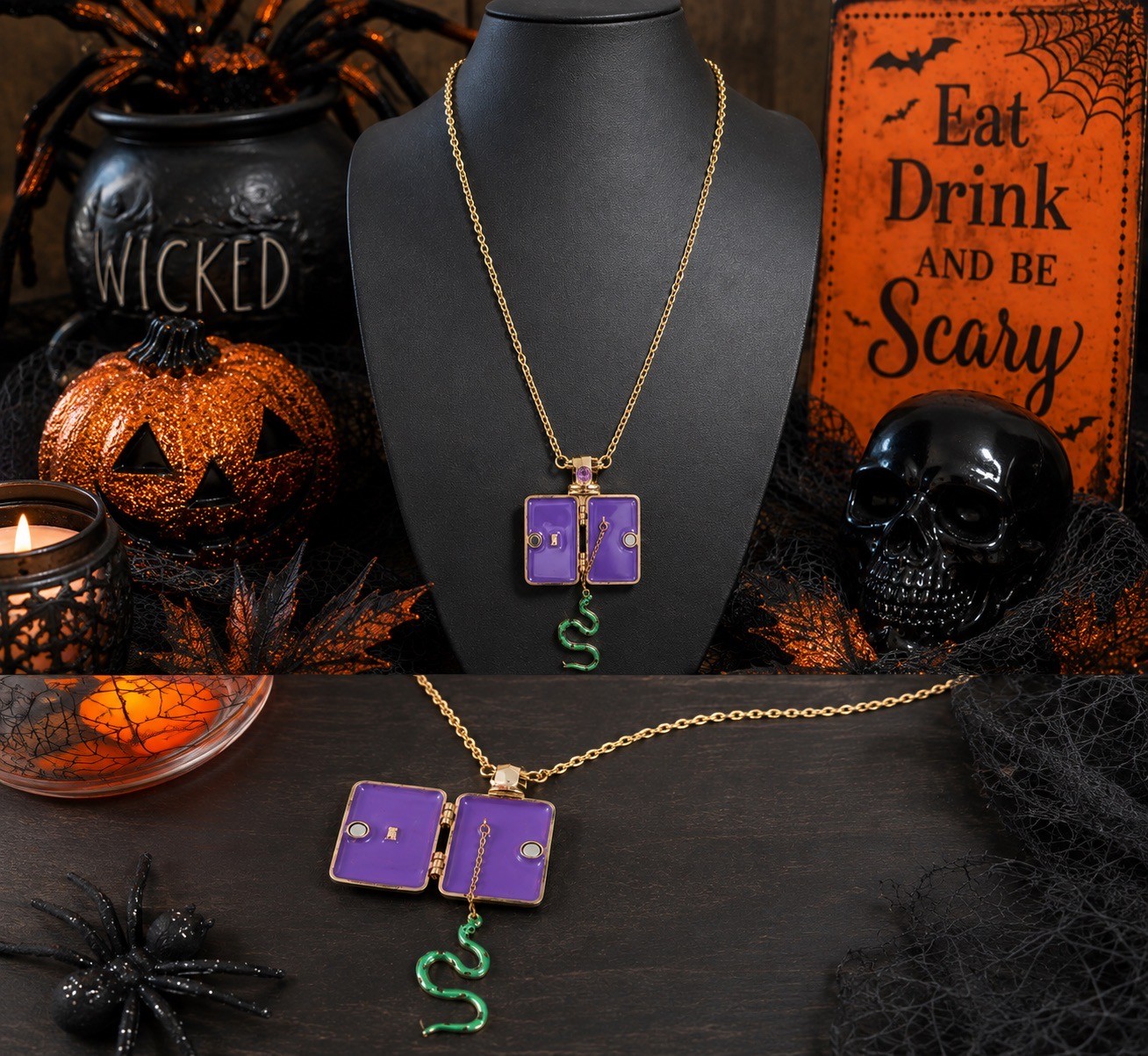 Halloween Betsey Johnson Long Pendant Poison Bottle Necklace Locket Snake NWT