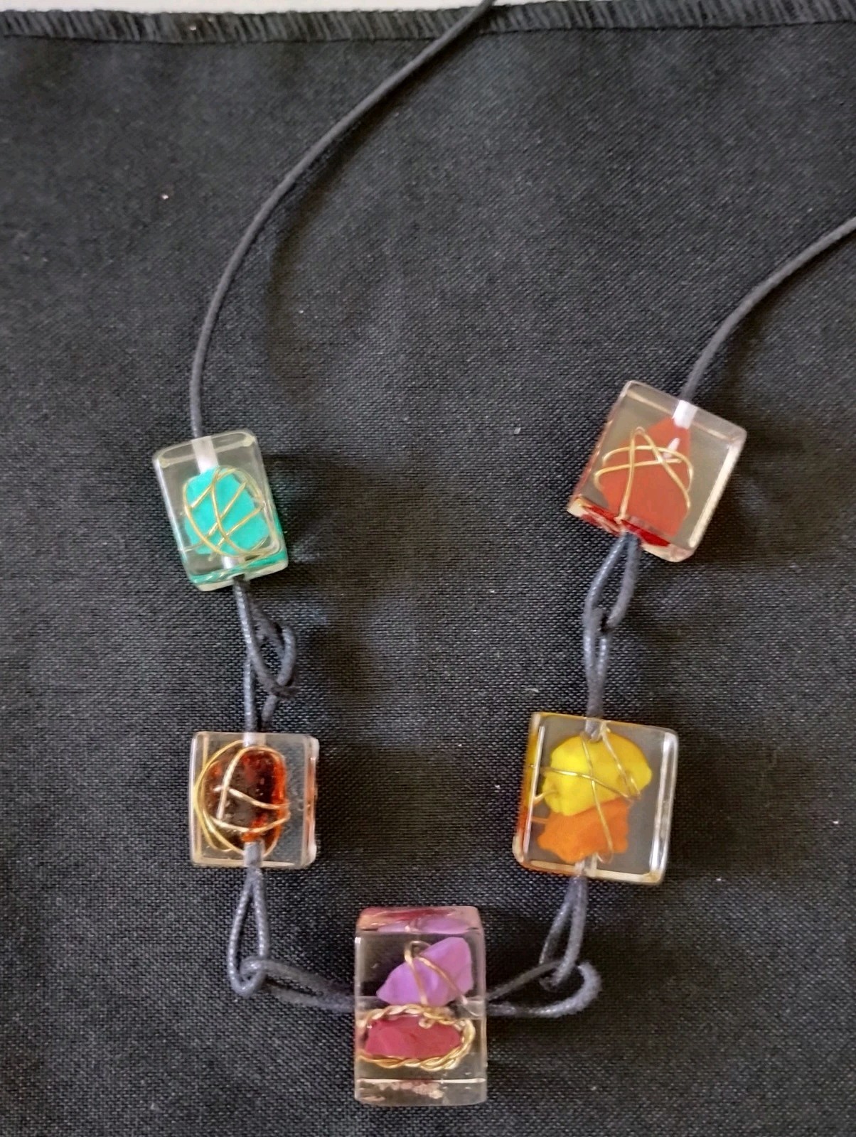 Sobral Jackie Brazil Resin Cubes Colorful Gold Wire Wrapped Inclusions Necklace